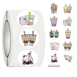 Flat lay of 10 cartoon sticker designs featuring boba tea and sloths with BES-teas text