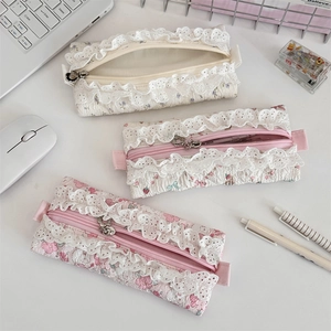 Quilted Fabric Pencil Case Floral Print Lace Trim Stationery Storage Pouch Sweet Girly Style Portable Zipper Closure