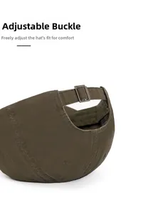 Detail of adjustable metal buckle on olive green cotton baseball cap for custom fit