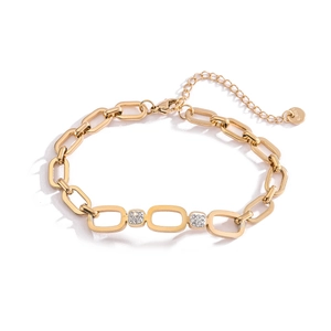 Detail of 18K gold-plated geometric link bracelet with crystal insets and S.Steel tag