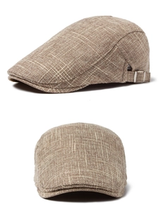 Detailed close-up of breathable linen texture and metal buckle on the retro flat cap