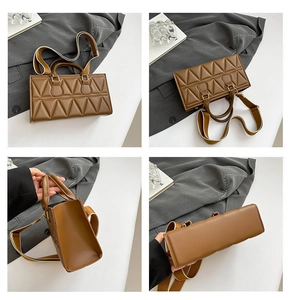 Detailed views of a brown geometric triangle handbag with vintage leather texture and wide strap