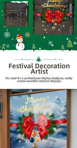 Close-up of Christmas window decal with red bow, pine branches and gold Merry Christmas text