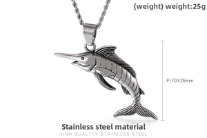 Macro detail of swordfish stainless steel pendant with dimensions 70x26mm and 25g weight