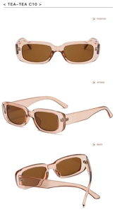 Three-angle product shots of rectangular tea-colored sunglasses for women showing full details