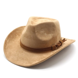 Classic camel faux suede western cowboy hat with a brown band and gold oval buckle detail