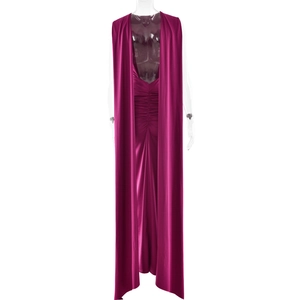 Detail of elegant magenta evening dress featuring open back with draped pleated streamers