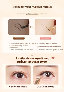 Macro d'un pinceau eye-liner en croissant ultra-fin montrant des traits fins et l'effet maquillage