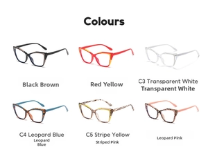 Cat-eye glasses frame collection in six colors from black to tortoiseshell patterns