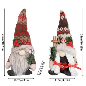 Christmas gnome doll ornaments with knitted hats and pine branches, 10-inch height display