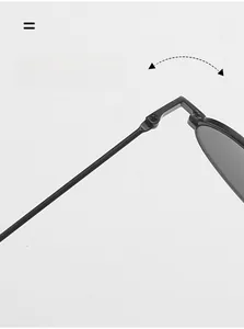 Detail of durable metal hinges on sleek black oval sunglasses with thin polished temples