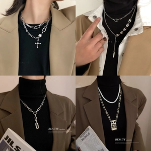 Collier Pendentif Géométrique Alliage Strass Incrusté Chaîne Multi Couches Style Industriel Bijoux Minimalistes Femme