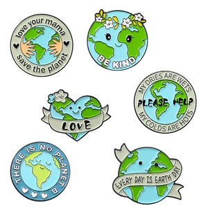 Set of 6 Earth Day enamel pins featuring green planet cartoons and eco-friendly slogans