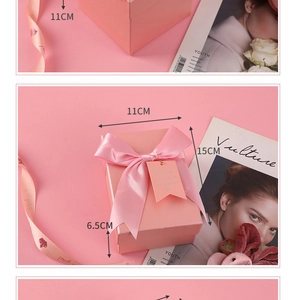 Detail view of pink gift box with ribbon and dimensions 15x11x6.5cm for birthdays