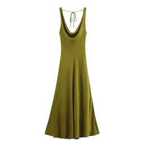 Olive green satin cowl neck midi dress with open back and tie-up straps on white background