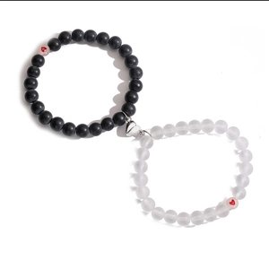 Magnetic heart couple bracelets with matte black and translucent white beads set