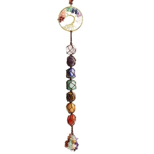 Seven Chakra Tree of Life wall hanging with colorful natural polished crystals and tassels