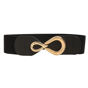 Women black elastic waist belt featuring a stylish gold metal interlocking buckle