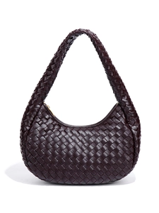Deep burgundy woven leather hobo bag with a matching shoulder strap and gold zipper