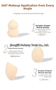 Detailed view of three different makeup sponge shapes including gourd, teardrop and slanted edge
