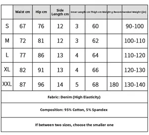 Tabella taglie per pantaloncini in denim elasticizzato a vita alta con misure dalla S alla XXL