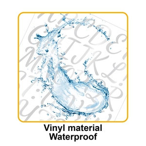 Close-up of waterproof vinyl alphabet stickers showing water droplets on the surface