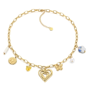 Gold stainless steel chain necklace featuring heart and butterfly charms on white background