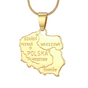 Collana con mappa della Polonia placcata oro 18 carati con città incise su sfondo bianco