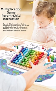 Detailed set of wooden multiplication board with rainbow blocks and math challenge cards