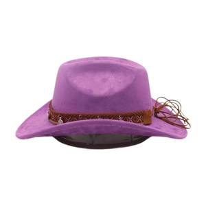 Detail of purple suede cowboy hat featuring brown braided band and metal pendants