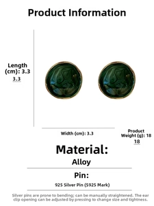 Detail showing round green marble earrings with 925 silver needles and 3.3cm size