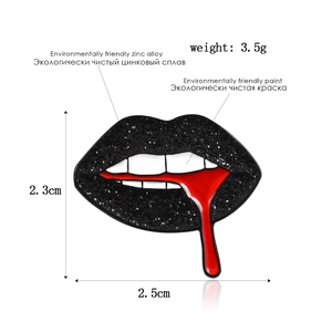 Fashionable black glitter lips brooch pin made of zinc alloy with red drip design