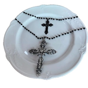 Gothic cross pendant necklace set with clear rhinestones and black vintage charms