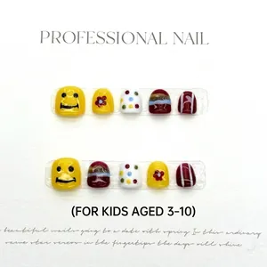 Kids Rainbow Flower Press On Nails Cute Cartoon Smile Face Polka Dot Stripe Short Round Artificial Nail Art For Children Girls
