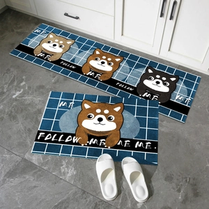 Waterproof kitchen rug set with blue plaid shiba inu dog pattern and Follow Me text