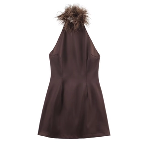 Deep brown satin halter neck mini dress featuring premium feather trim collar detail