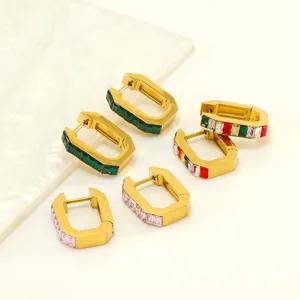 Geometric 18K gold-plated stainless steel earrings with colorful zircon gemstones