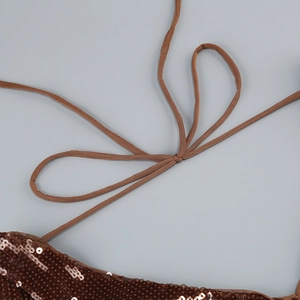 Detail of thin adjustable straps and brown sequins on this elegant bodycon party dress