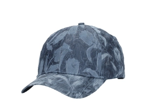 Detail view of the dark grey-blue baseball cap with unique marble textured fabric