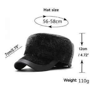 Winter faux mink fur flat top hat for men with earmuffs and leather brim for outdoors