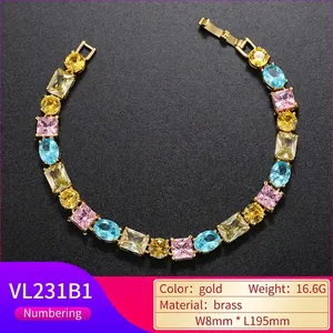Colorful gemstone tennis bracelet in gold brass with rectangular and round cut crystals