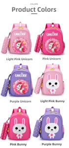Multi-color kids backpack set featuring cute unicorn and rabbit prints with pencil cases