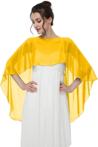 Detail of yellow chiffon shawl drape with soft wavy edges over a white lace evening dress