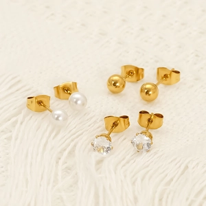 Three pairs of titanium steel earrings with pearls, gold beads and zircon studs