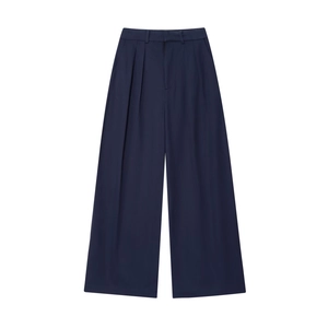 Women's chic dark blue wide-leg trousers with elegant waist pleats in a minimalist style