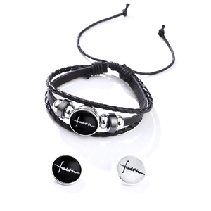 Black multilayer braided leather faith bracelet with three interchangeable snap buttons