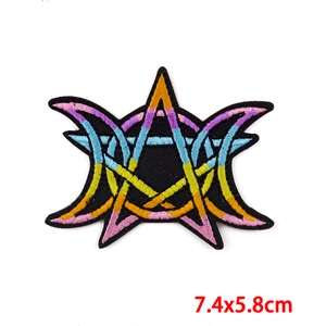 Close-up of rainbow embroidered pentagram and crescent moon patch, size 7.4x5.8cm