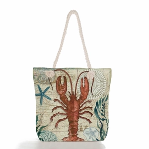 Borsa da spiaggia vintage in tela con stampa di aragosta e manici in corda bianca spessa
