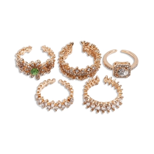 Five-piece luxury rose gold ring set featuring green stones and adjustable open designs