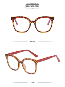 Front and side view of leopard print square frames with vibrant red temples